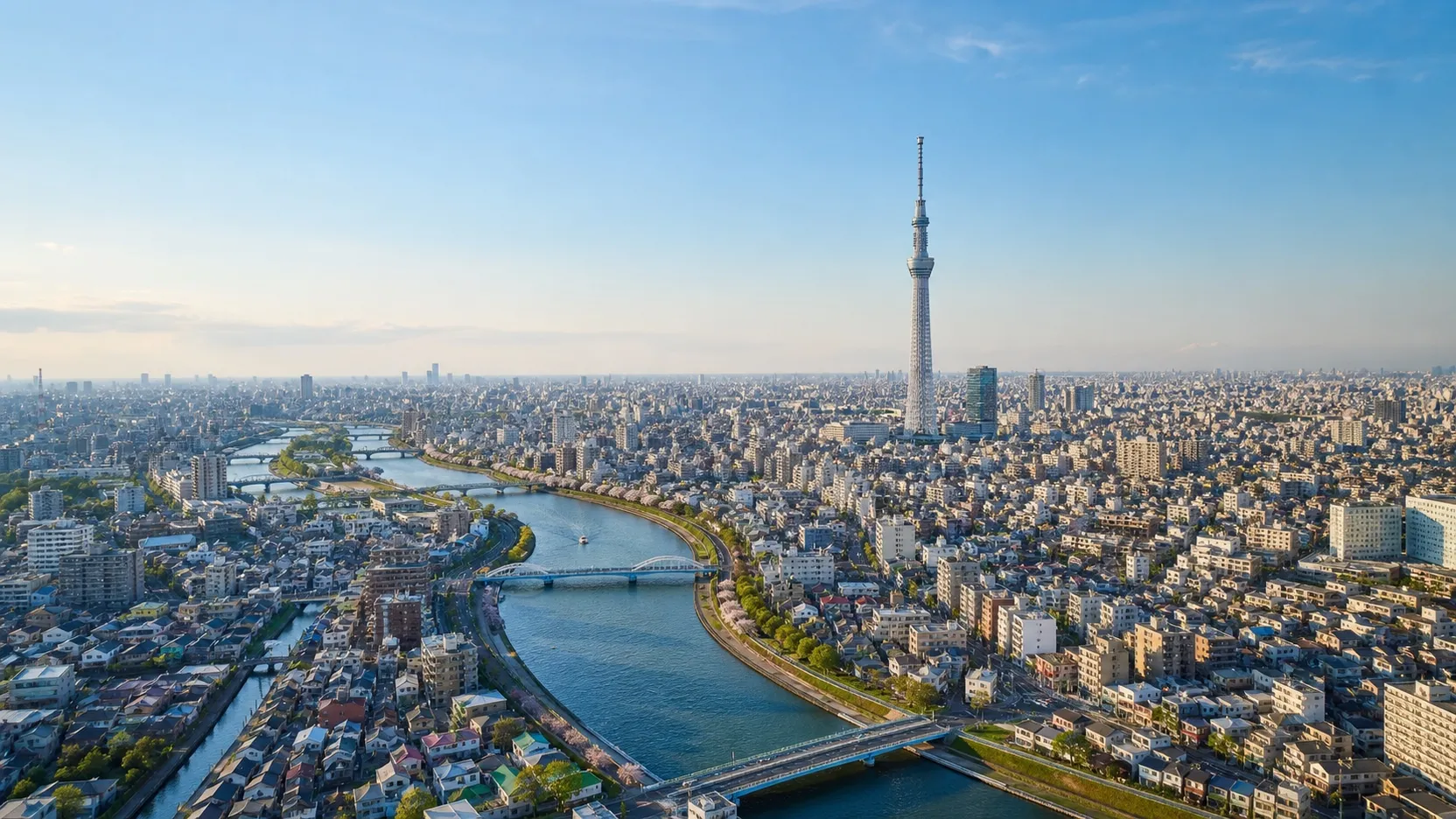 隅田川と東京スカイツリーを望む墨田区の街並み